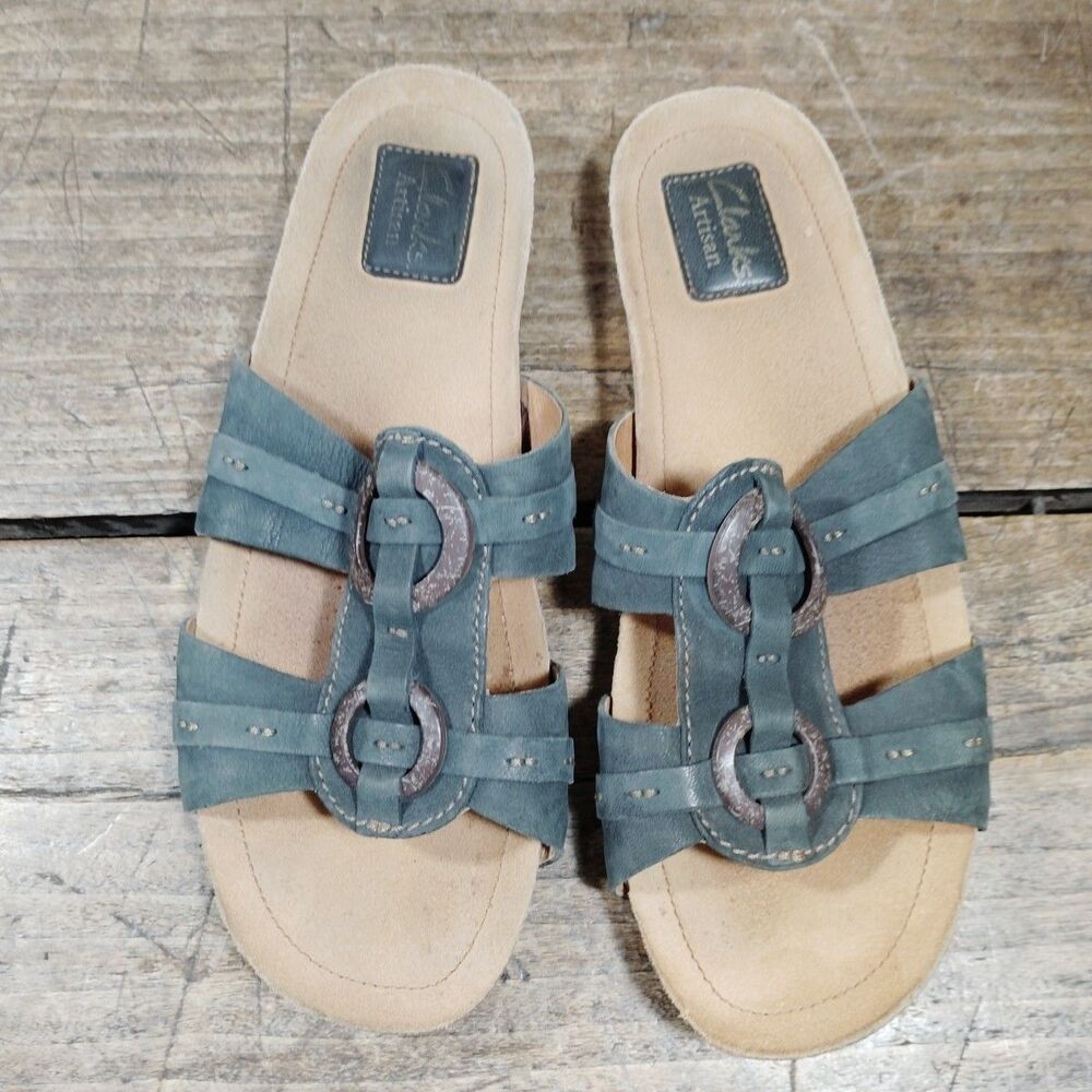 Clarks Artisan 9M Sandals Leather Green/Gray Slides Shoes Slip On